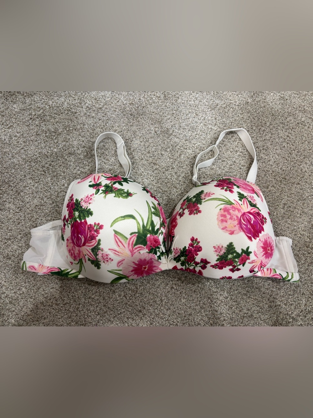 Cacique Max Swell Plunge Bra White Pink Floral 42B